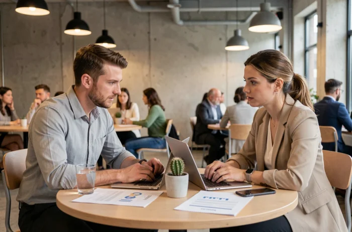 Deux professionnels discutant de stratégies d'investissement autour de rapports financiers dans un espace de coworking