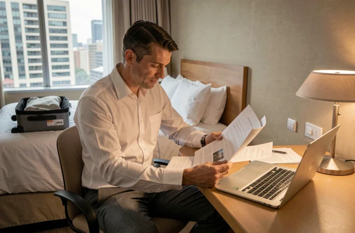 Homme en mission professionnelle travaillant dans une chambre d'hôtel avec documents et ordinateur portable