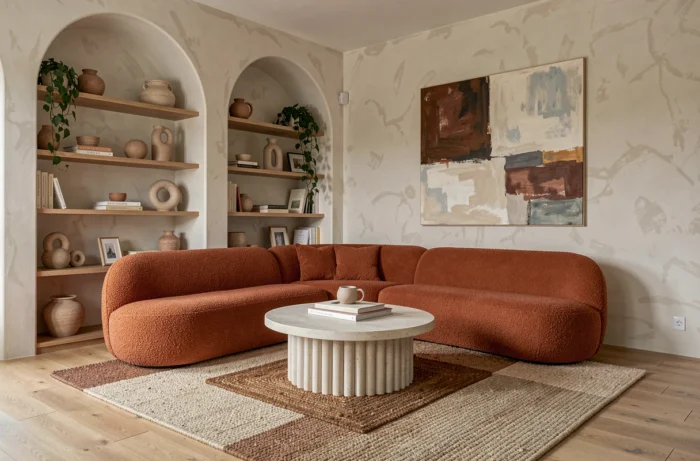 Salon contemporain tendance avec canapé en bouclé terracotta, table basse en plâtre cannelé et mur en stuc chaulé