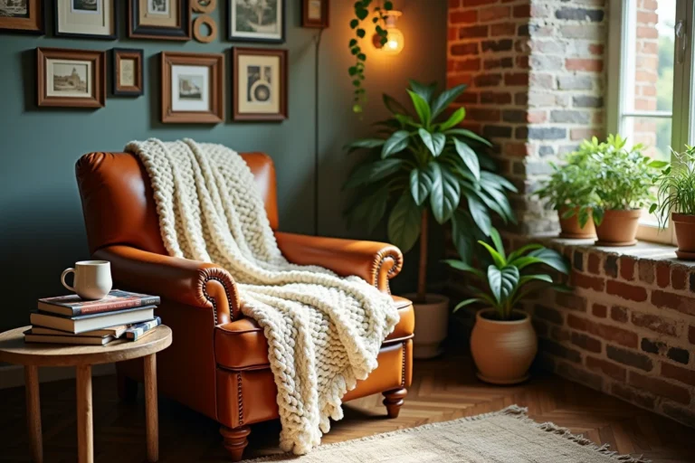 Coin salon chaleureux avec fauteuil en cuir, plaid tricoté et mur de cadres vintage pour une décoration intérieure créative