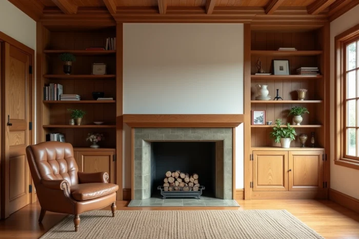 Salon intérieur restauré d'une maison Arts and Crafts des années 1920 avec cheminée en carreaux de céramique, bibliothèque encastrée en bois et parquet en chêne d'origine