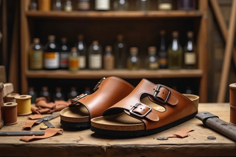 Sandales Birkenstock Arizona en liège naturel et cuir posées sur un établi d'artisan cordonnier entouré d'outils de maroquinerie