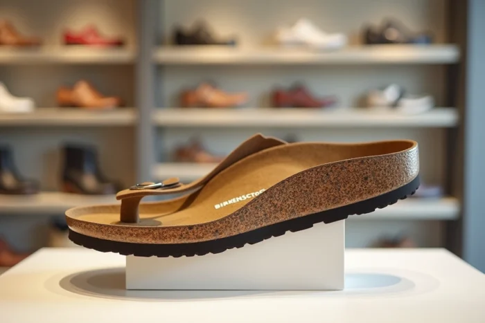 Gros plan sur la semelle anatomique Birkenstock en liège et latex exposée dans une boutique premium, mettant en valeur la construction artisanale multicouche