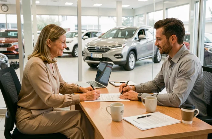 Femme signant les documents d'achat d'une voiture d'occasion avec un vendeur dans un bureau de concession automobile