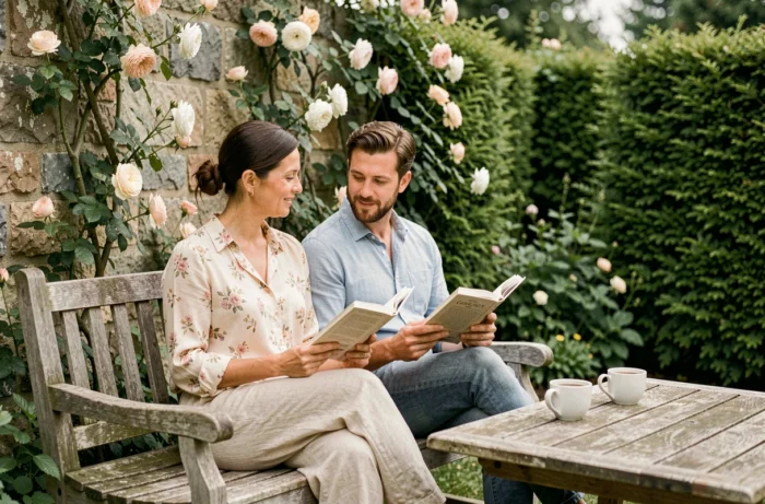 Sophie Jovillard et son compagnon profitant d'un moment de tranquillité dans un jardin privé verdoyant