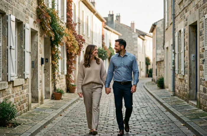 Sophie Jovillard se promenant avec son partenaire dans les rues pavées d'un village français pittoresque