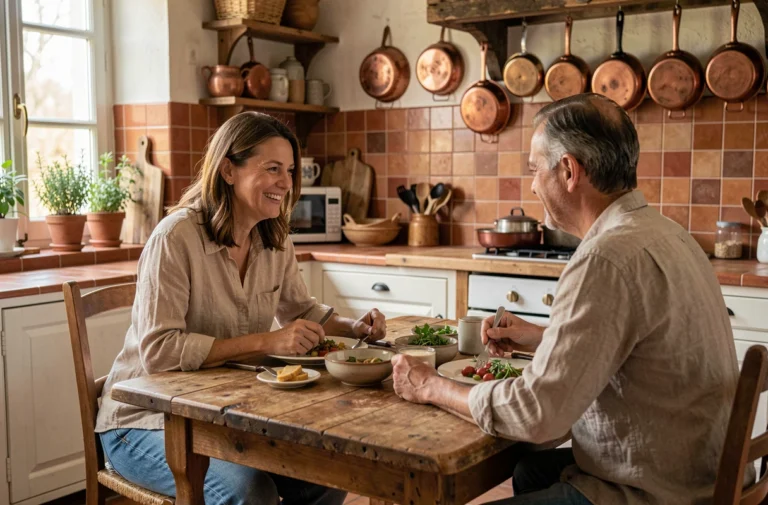 Sophie Jovillard en couple, partageant un repas intime avec son compagnon dans une cuisine de campagne française chaleureuse