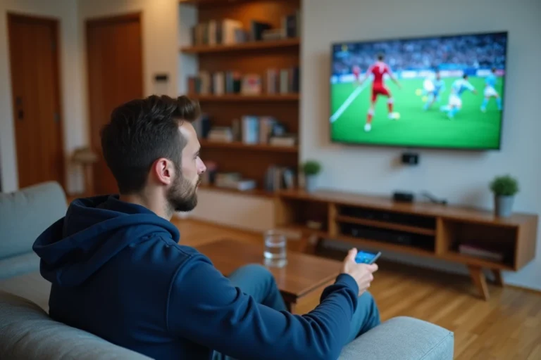 Homme regardant RMC Sport 1 en streaming direct sur sa télévision depuis son salon