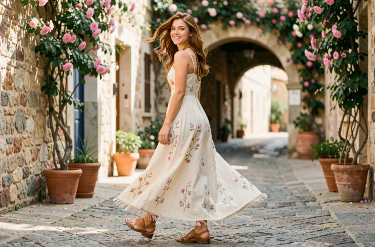 Femme en robe maxi bohème crème avec broderies florales et sandales en cuir dans une ruelle méditerranéenne ensoleillée