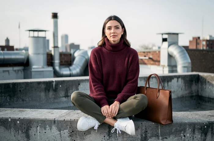 Femme en pull col roulé bordeaux et sneakers blanches assise sur un toit urbain, style mode féminine contemporaine