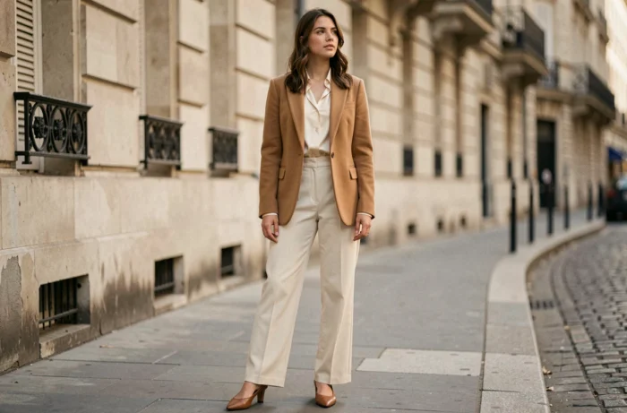Femme élégante en blazer camel et pantalon large ivoire dans une rue parisienne, tendance mode féminine automne