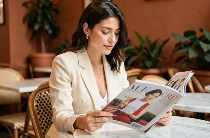 Femme élégante feuilletant un magazine de tendances dans un café parisien chic