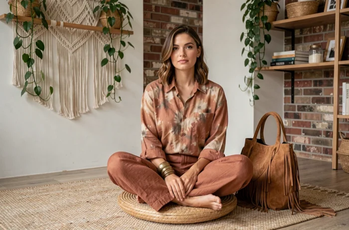 Femme en tenue bohème tie-dye et pantalon en lin terracotta assise dans un appartement décoré style bohème avec macramé et plantes