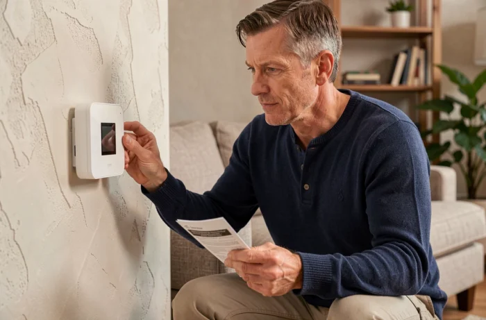 Homme installant un thermostat intelligent connecté pour optimiser la consommation énergétique du chauffage domestique