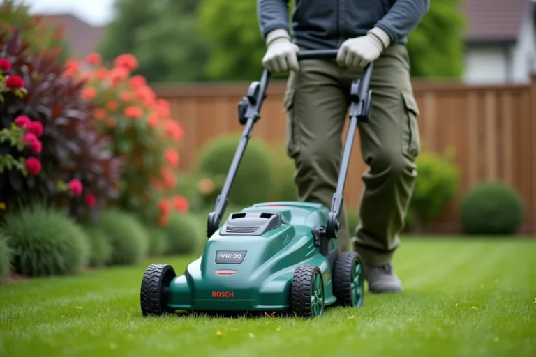 Homme utilisant la tondeuse Bosch AdvancedRotak 770 sur une pelouse résidentielle bien entretenue
