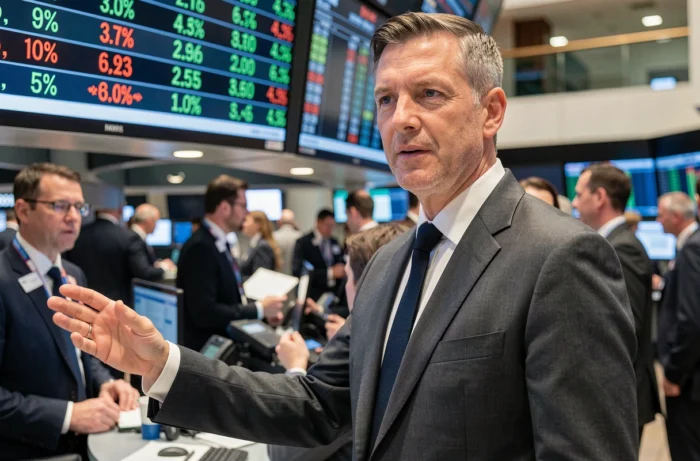 Trader expérimenté sur le parquet boursier devant un tableau d'indices financiers en temps réel