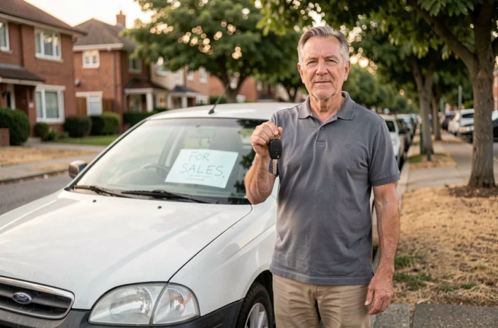 Homme vendant sa voiture d'occasion dans la rue, tenant les clés du véhicule avec une pancarte à vendre sur le pare-brise