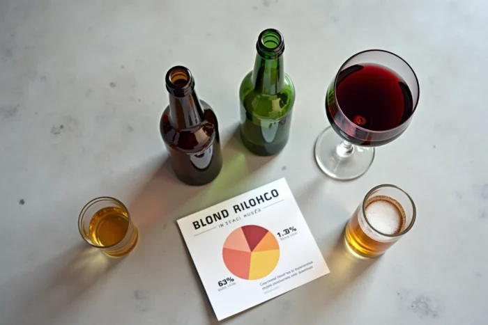 Vue aérienne de verres d'alcool variés sur une table avec une fiche d'information sur le taux d'alcoolémie à 2 grammes par litre de sang