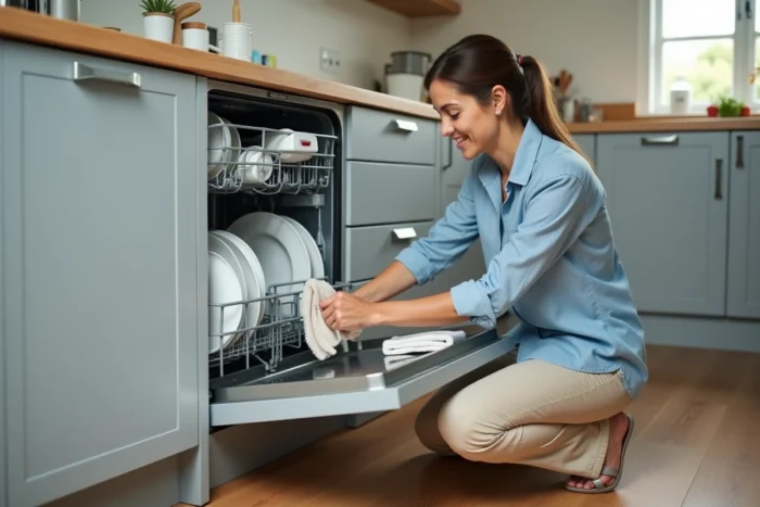 Femme épongeant l'eau dans le bac inférieur d'un lave-vaisselle Bosch pour corriger l'erreur E15