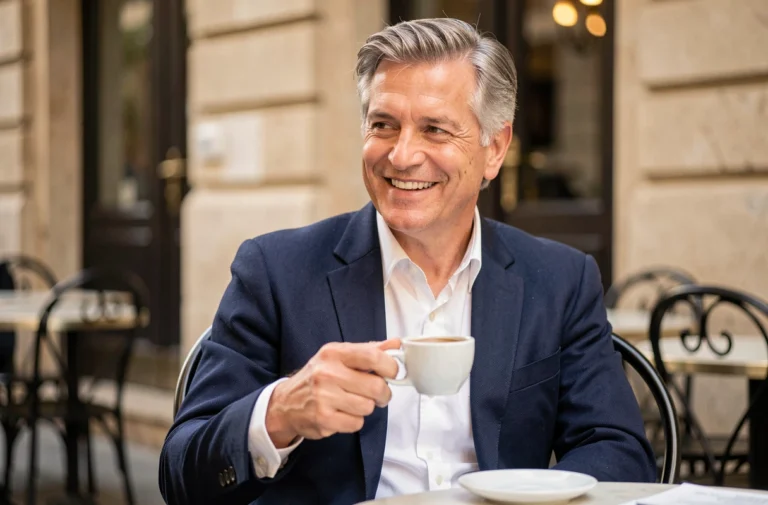 Portrait d'un homme élégant aux cheveux poivre et sel attablé en terrasse parisienne, évoquant la vie personnelle et amoureuse d'une personnalité médiatique