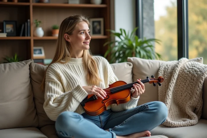 Violoniste pensive assise sur un canapé dans un appartement moderne tenant son violon avec un sourire romantique