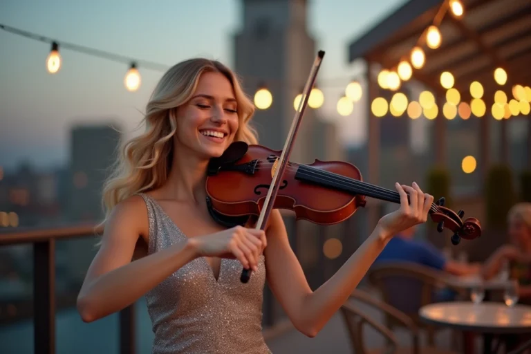 Violoniste souriante en robe argentée jouant du violon sur un toit terrasse avec vue sur la ville au crépuscule