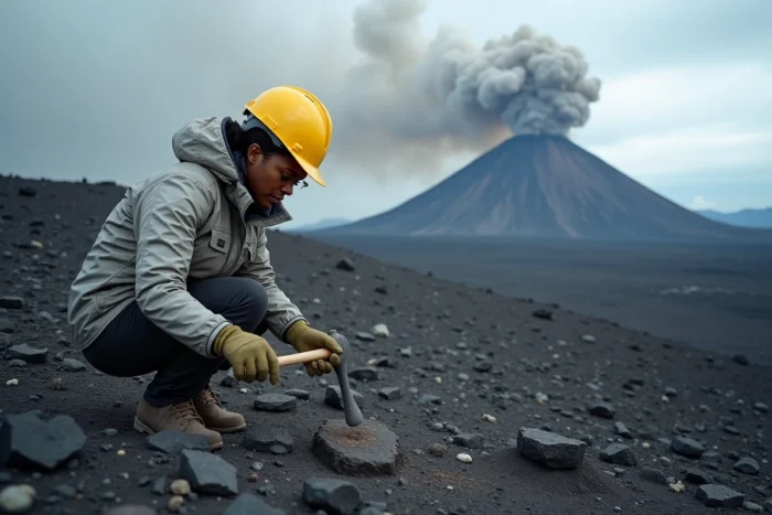 Volcanologue prélevant des échantillons de roche sur le terrain du Nyiragongo en République Démocratique du Congo