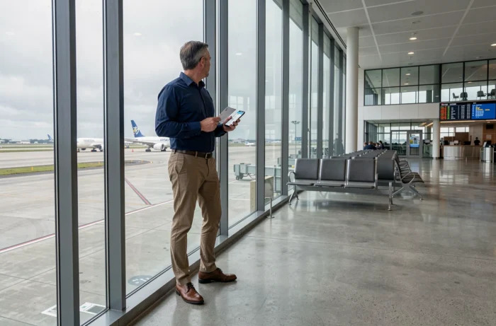 Voyageur dans un terminal d'aéroport international comparant les prix de vols long-courriers sur smartphone