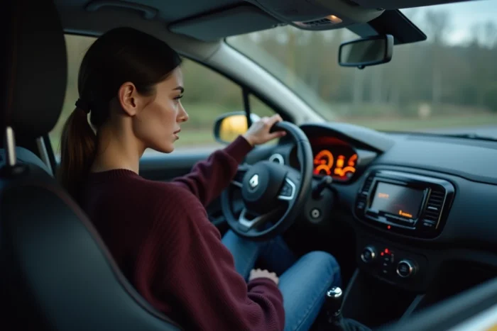 Conductrice observant le voyant injection allumé sur le tableau de bord d'une Renault Clio 5